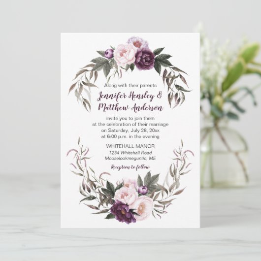 Invitation Peau rose Plum violet Peonies Mariage #2 (Debout devant)