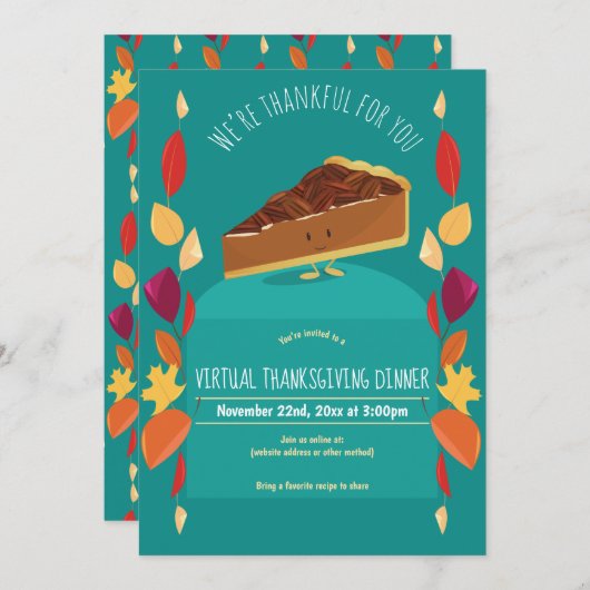 Invitation Pecan Pie Feuilles Turquoise Virtual Thanksgiving  (Devant / Derrière)
