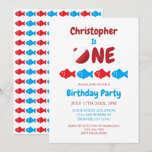 Invitation Pêche 1er anniversaire (Devant / Derrière)