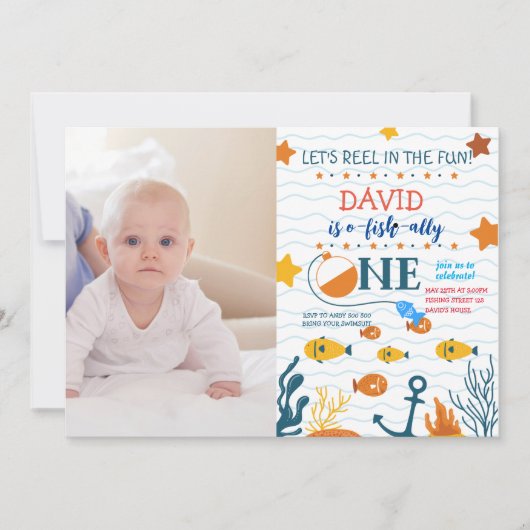 Invitation Pêche 1er anniversaire garçon O-fish-ally photo (Devant)
