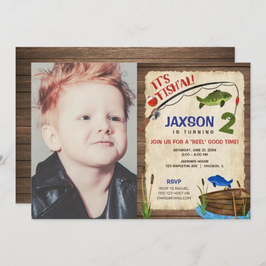 Invitation Pêche 2e anniversaire garçon rustique en plein air (Devant / Derrière)
