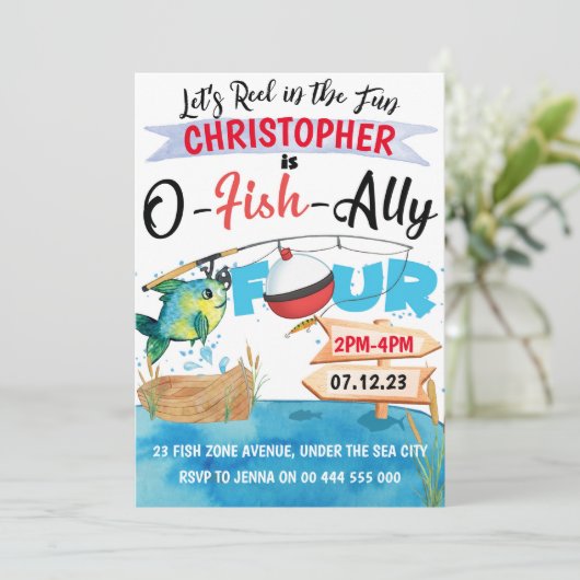 Invitation Pêche 4e anniversaire O-Fish-Ally Four Boy (Debout devant)