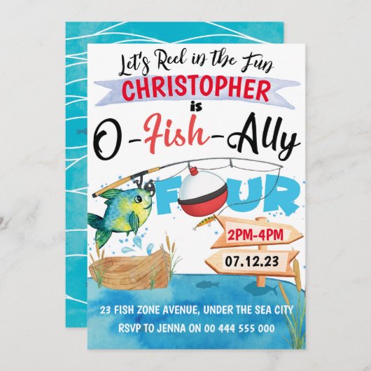 Invitation Pêche 4e anniversaire O-Fish-Ally Four Boy (Devant / Derrière)