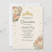 Invitation Pêche à la crème Florale et Gold Tiara Quinceanera (Devant)