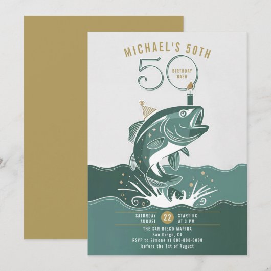 Invitation Pêche Amusants Big Fish Green Men 50e anniversaire (Devant / Derrière)