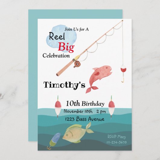 Invitation Pêche, Bâton, Roue, Anniversaire (Devant / Derrière)