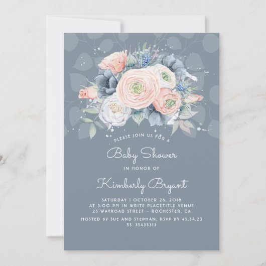 Invitation Pêche bleue Sérénité et Baby shower floral Rose (Devant)