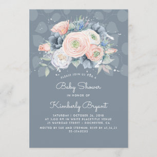Invitation Pêche bleue Sérénité et Baby shower floral Rose