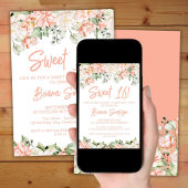 Invitation Pêche Blush ivoire Floral Sweet 16 Anniversaire