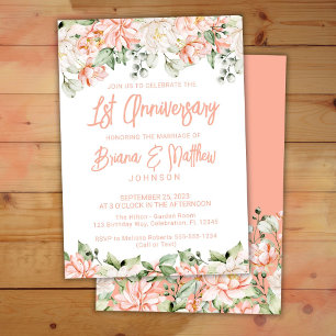 Invitation Pêche Blush Ivory Floral 1er Anniversaire Mariage
