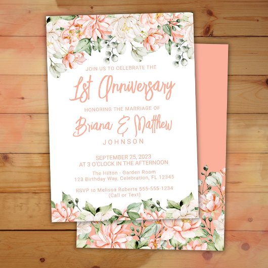 Invitation Pêche Blush Ivory Floral 1er Anniversaire Mariage