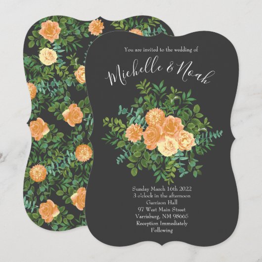 Invitation Pêche & Charcoal Gris Peony & Rose Floral Mariage (Devant / Derrière)