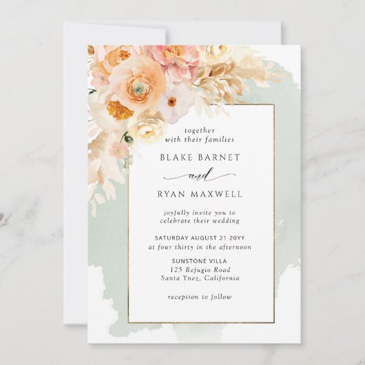 Invitation Pêche Chic, Blush, Champagne, Mariage Floral Sage (Devant)
