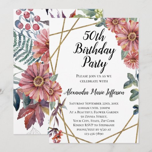 Invitation Pêche Coral Zinnia Flower Womens 50e anniversaire (Devant / Derrière)