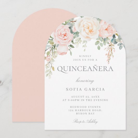 Invitation Pêche & Crème Floral Quinceanera 15ème Partie (Devant / Derrière)