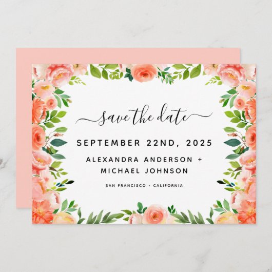 Invitation Pêche de corail Flore verte Enregistrer la date (Devant / Derrière)