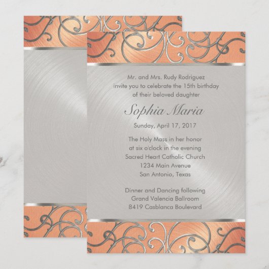 Invitation Pêche de Quinceanera et perruques de Filigree d'ar (Devant / Derrière)