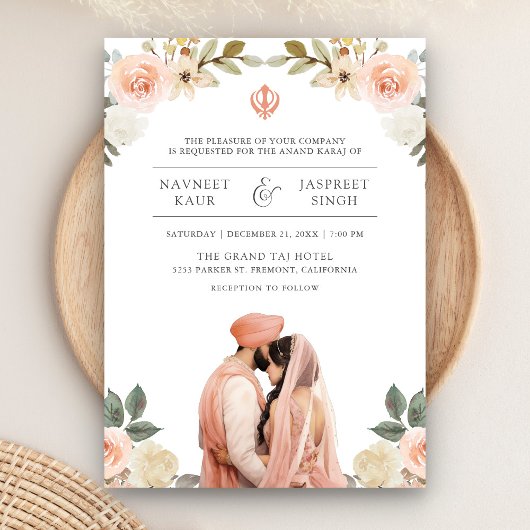 Invitation Pêche douce Floral Anand Karaj Indien Mariage Sikh