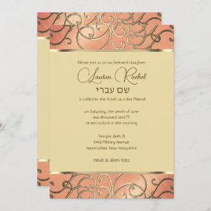Invitation Pêche élégante bat mitzvah et Filigree d'or