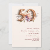 Invitation Pêche en or beige floral 50e anniversaire (Devant)