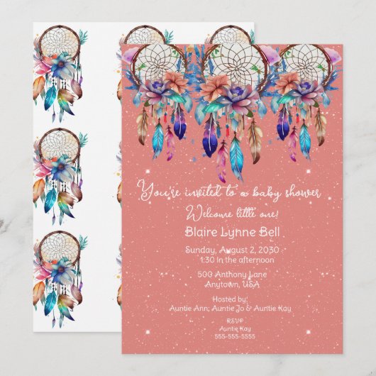 Invitation Pêche et Blue Dreamcatcher Baby shower fille (Devant / Derrière)