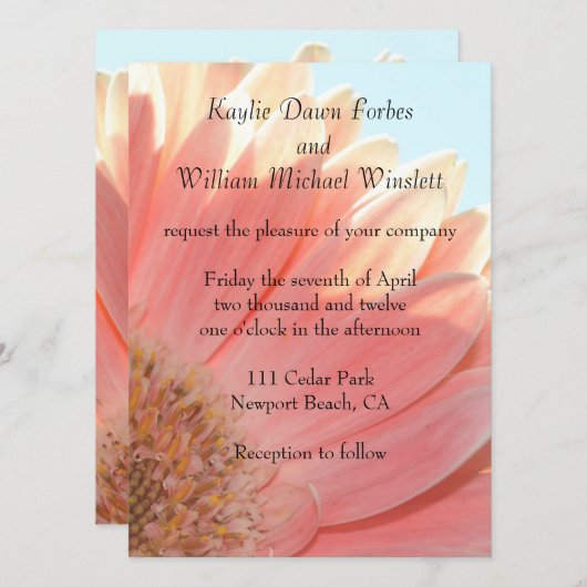 Invitation Pêche et crème Fleur de Gerbera (Devant / Derrière)