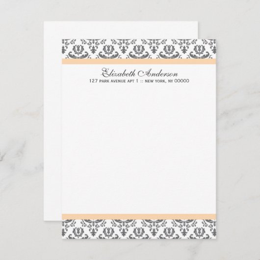 Invitation Pêche et grise Damas plat Merci Notes (Devant / Derrière)