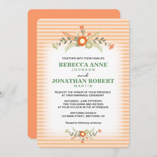 Invitation Pêche et Mariage de fleurs vert olive (Devant / Derrière)