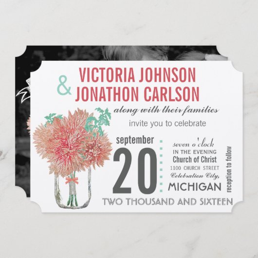 Invitation Pêche et menthe Chrysanthemum Mason Jar Mariage (Devant / Derrière)