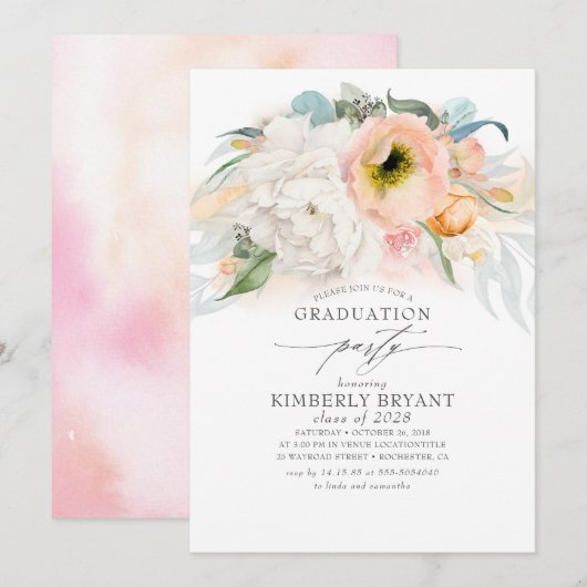 Invitation Pêche et rose Floral Élégant élégant Graduation (Devant / Derrière)