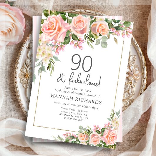 Invitation Pêche féminine | Roses roses roses florales 90e an