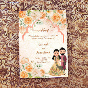 Invitation Pêche fleurs couple Indien mariage inviter modèle