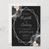 Invitation Pêche Floral Noir Cadre Argent Code QR Mariage (Devant)