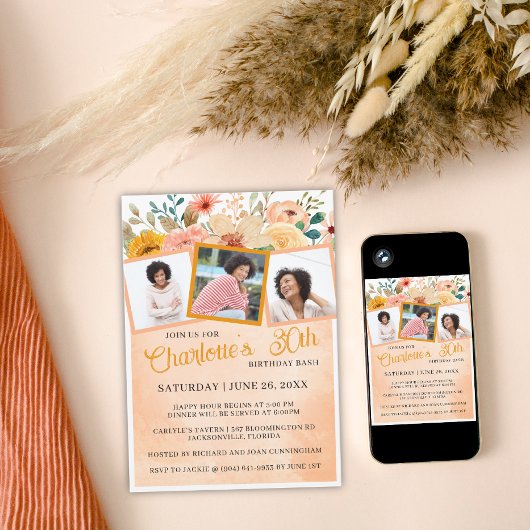 Invitation Pêche Floral Photo Anniversaire Bash Party Invitat