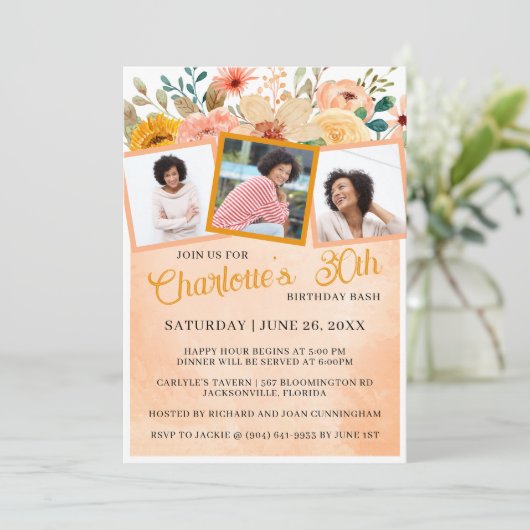 Invitation Pêche Floral Photo Anniversaire Bash Party Invitat (Debout devant)