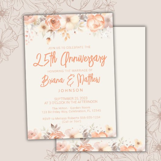 Invitation Pêche Florale d'ivoire beige 25e anniversaire Mari