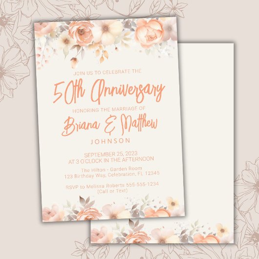 Invitation Pêche Florale d'ivoire beige 50e anniversaire de M