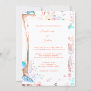 Invitation Pêche Fuzz Blue Champagne Art Boho Mariage Woodlan