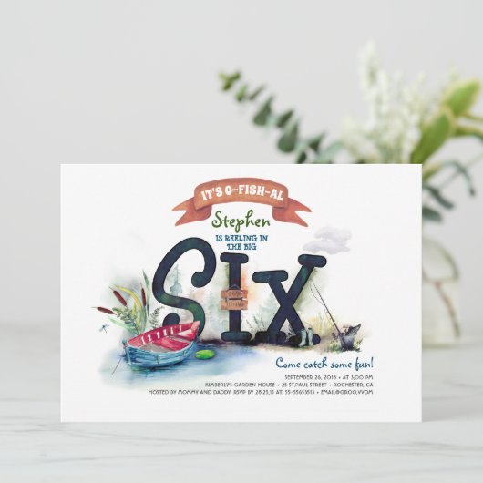 Invitation Pêche garçons à thème 6e anniversaire (Debout devant)