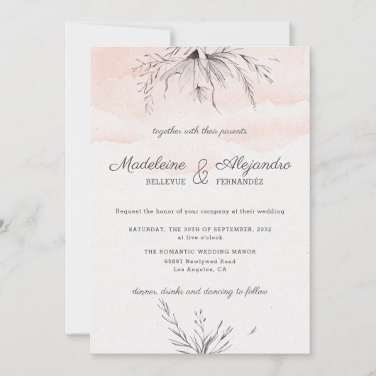Invitation Pêche & gris floral romantique mariage élégant (Devant)