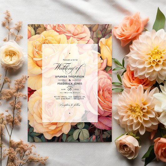 Invitation Pêche, Jaune tendre et Mariage floral Rose poussié