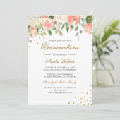 Invitation Pêche or aquarelle Florale Quinceanera (Debout devant)