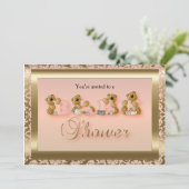 Invitation Pêche & Or Damask avec Nounours | Baby shower (Debout devant)