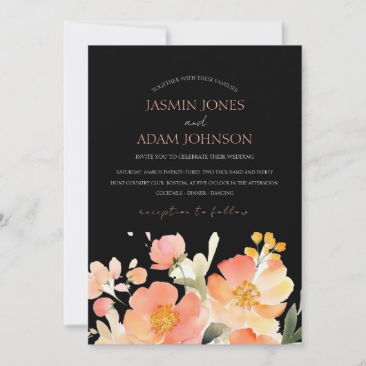 Invitation Pêche orangée Boho moderne et Mariage floral noir (Devant)