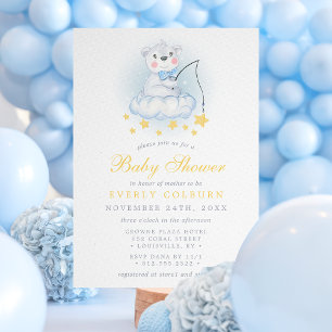Invitation Pêche Ours Sur Nuages Aquarelle Garçon Baby Shower