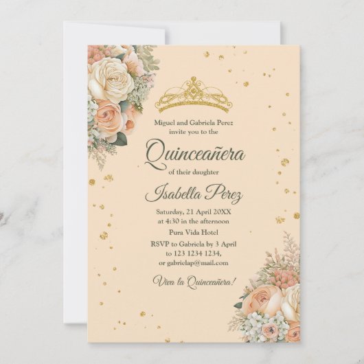 Invitation Pêche Peonies et Parties scintillant Tiara Quincea (Devant)