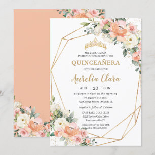 Invitation Pêche Pink Blush ivoire Floral 15e Quinceañera
