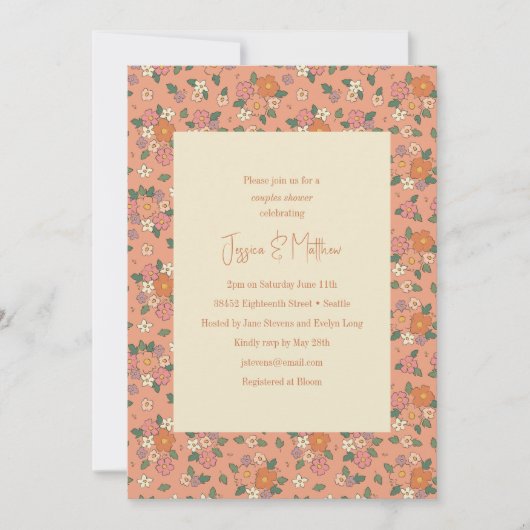 Invitation Pêche Retro Floral Pattern Boho Couples Douche (Devant)