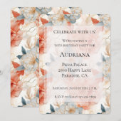 Invitation Pêche Rose Bleu Marbre blanc Floral Anniversaire (Devant / Derrière)