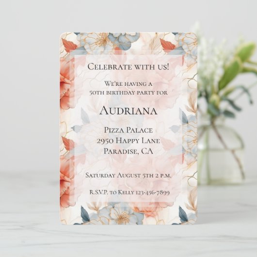 Invitation Pêche Rose Bleu Marbre blanc Floral Anniversaire (Debout devant)